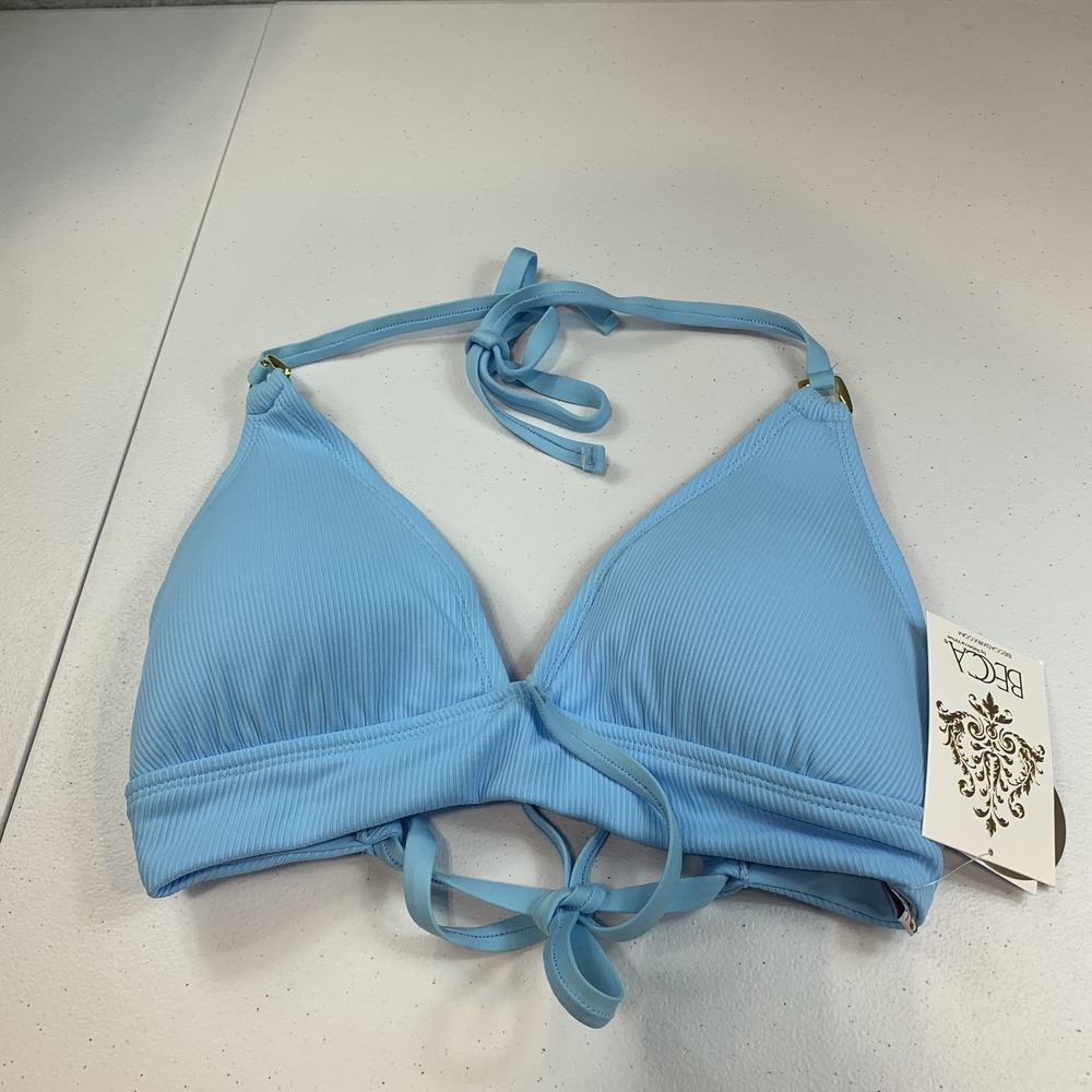 Becca Women's Bikini Swim Top Ribbed Halter Modern Edge Textured‎ Ice Blue D Cup